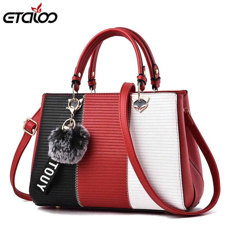 Women's Handbags Leather Bags for Women Casual Tote Ladies Bags Bolsos Fur Women Messenger Bags: Black red