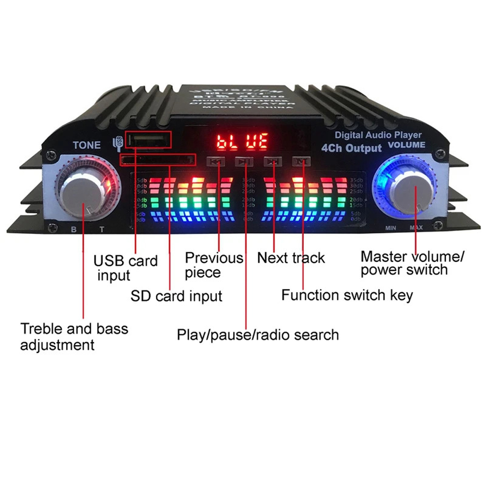 1600W Peak HiFi Sound Amplifier FM USB Remote Control Bluetooth Karaoke Player 4 Channel HiFi Stereo AMP Audio Amplifier
