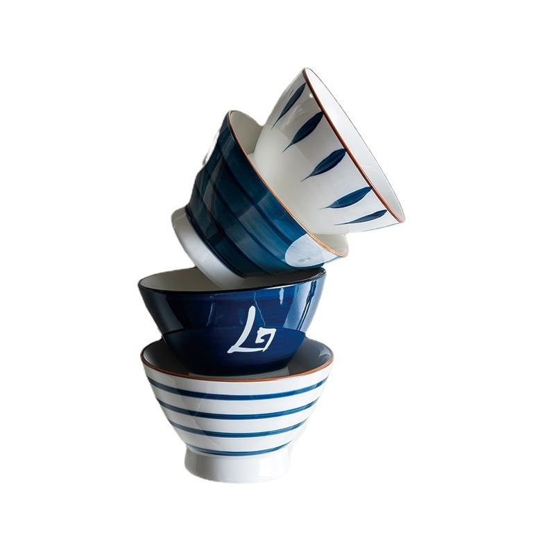 Japanse Ramen Kom, Keramische Kom, Servies, Hoge Voet Hoed Kom, Grote Soepkom, thuis Netto Blauw En Wit Porselein