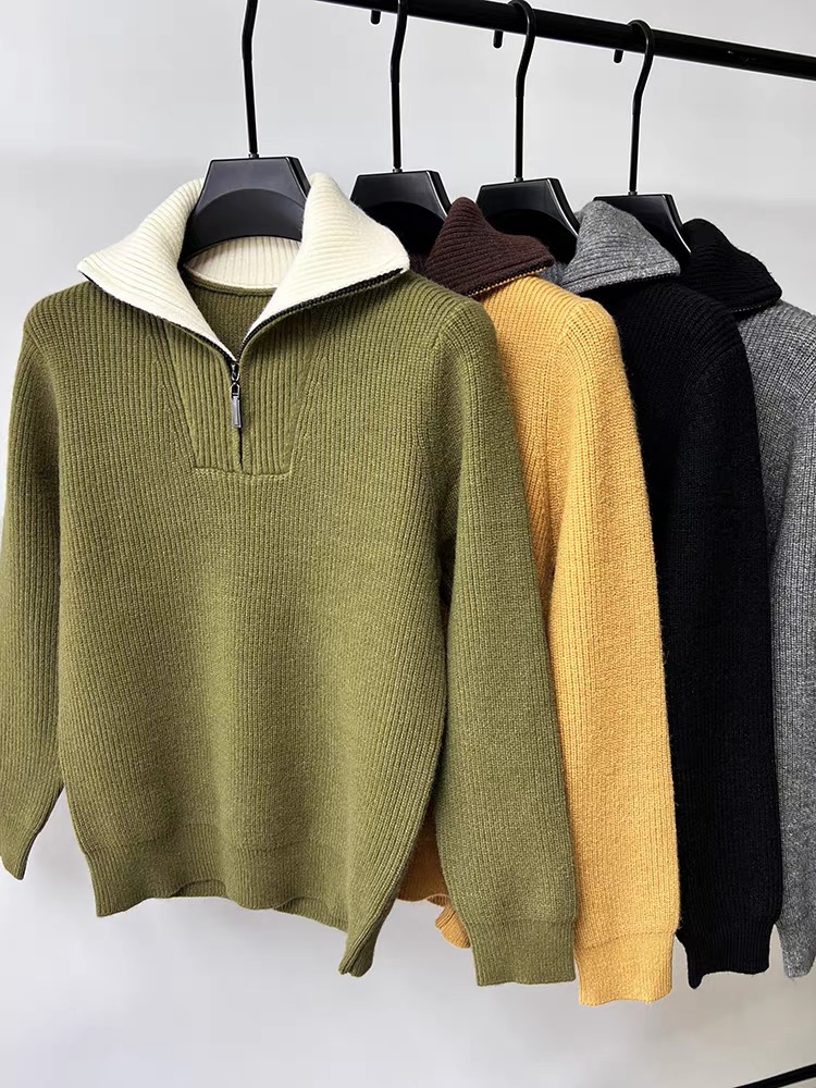 High-end mærke trend herre sweater med halv lynlås efterår vinter afslappet fortykket ensfarvet højhalset strikket pullover