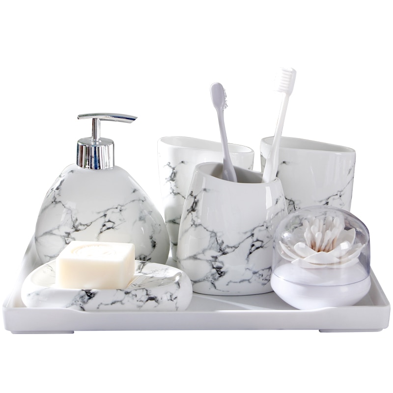 Imiteret marmor keramisk badeværelse tilbehør sæt sæbedispenser / tandbørsteholder / tumbler / sæbekaramiske produkter til badeværelset