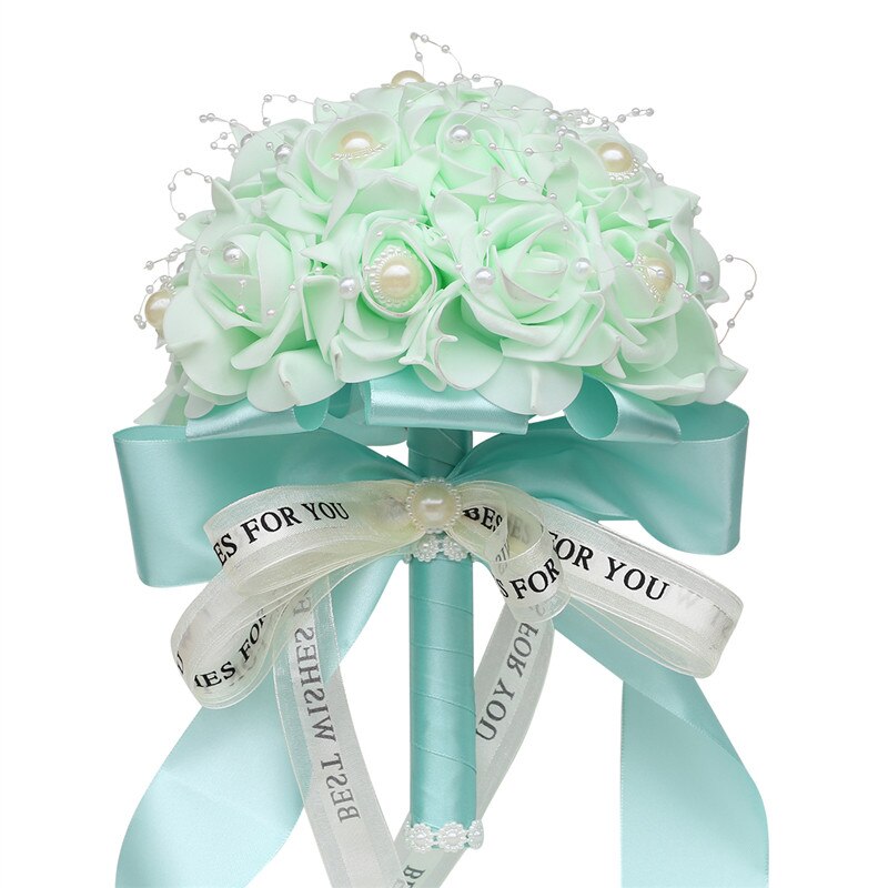 Fleur Rose PE Bouquet demoiselle d'honneur tenant des fleurs mariée ruban De soie Bouquets De Mariage mousse Rose avec perle fête De Mariage W205: mint green