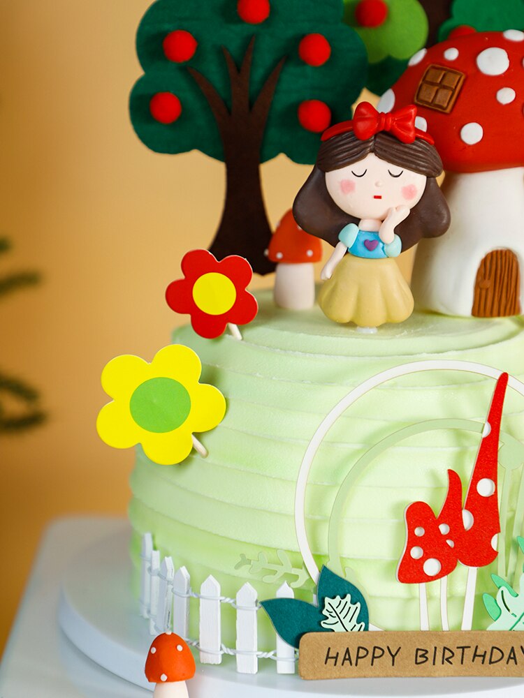 Princess Girl Happy Birthday Cake Topper Soft pottery Tree Insert Decor Apple tree Mushroom Cabin Baking Cakes Decoration