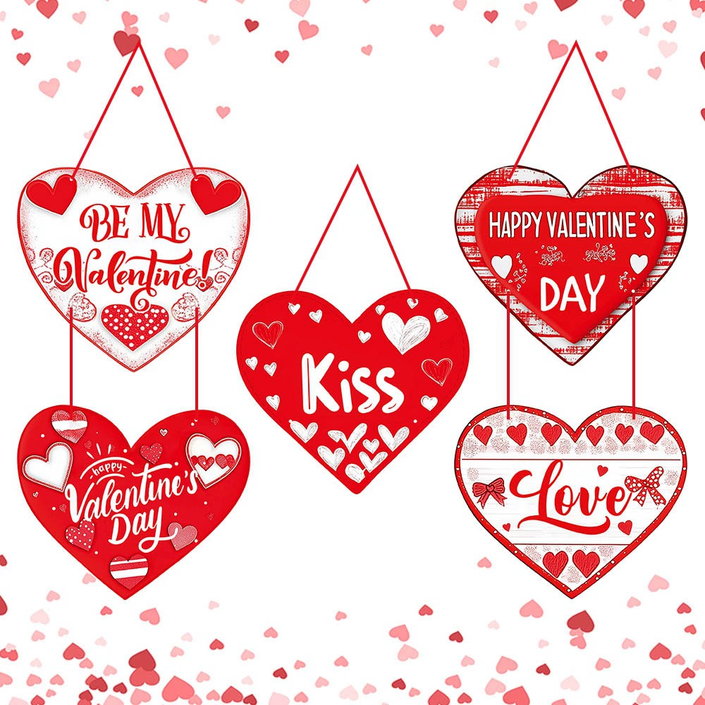 Letrero de puerta del Día de San Valentín, romántico de corazón rojo, adorno colgante para puerta delantera, letra feliz impresa, decoración de corona del 14 de febrero