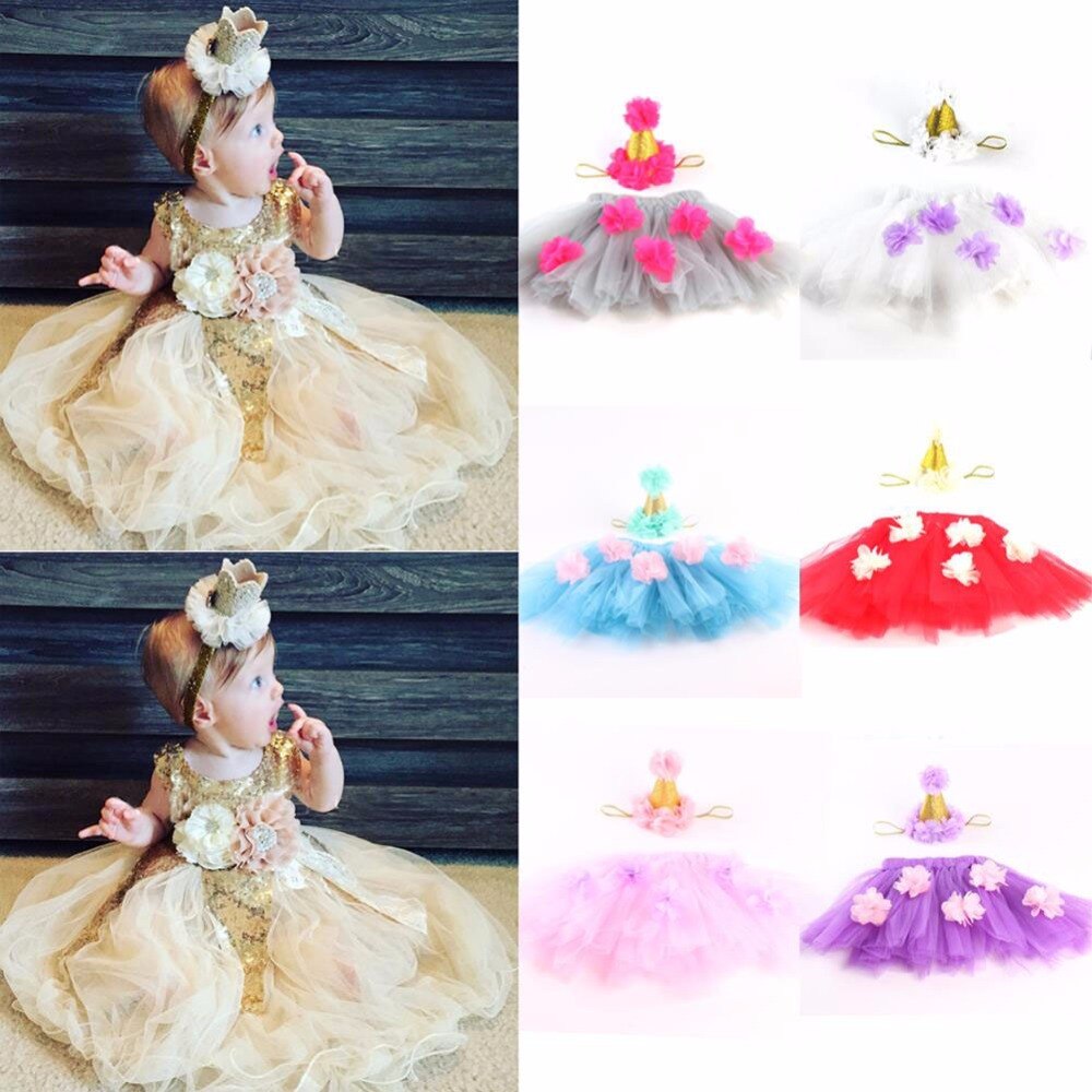 Newborn Baby Girl Tulle Skirt Mesh Fluffy Tutu Skirt With Flowers Decoration+ Princess Crown Headband 2pcs Outfit Photo Costumes