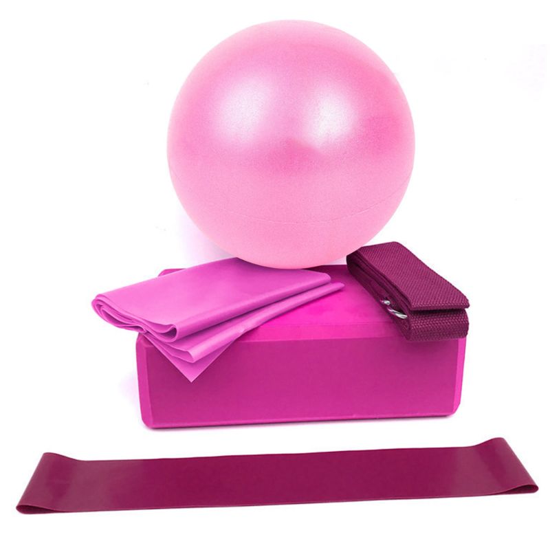 5 Pcs Yoga Equipment Set with Yoga Ball Blocks Stretching Strap Resistance Loop: Pink