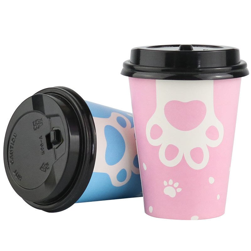 [ 100 rietjes] verdikte cartoon kattenpoot melk thee papieren beker wegwerp roze net zwarte koffie drinkbeker