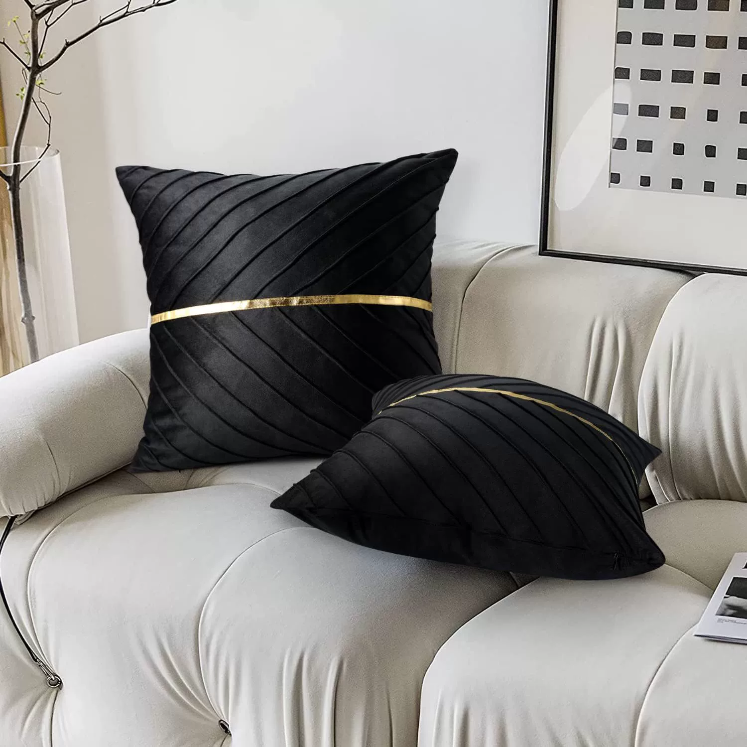 Samt-kissenbezüge,  of 2er- pack, inklusive goldfarbenem leder-weihnachtsdeko-kissenbezug, luxuriöser, moderner kissenbezug für sofas: 500*900mm / Schwarz