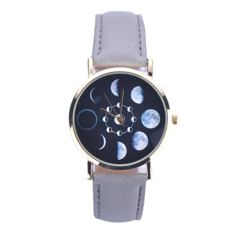 Prachtige zonnemaanfase maansverduistering horloges dames stijlvol quartz horloge pu leren armband horloges dames klokuren: Grijs