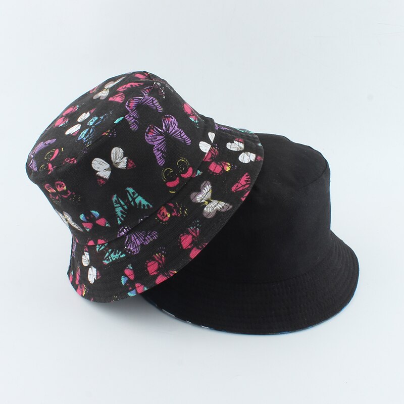neue Koreanische Rosa Kuh Druck Eimer Hütte Frauen reversibel Angeln Kappe Bob Chapeau Herbst Sommer: ben Schwarz Schmetterling