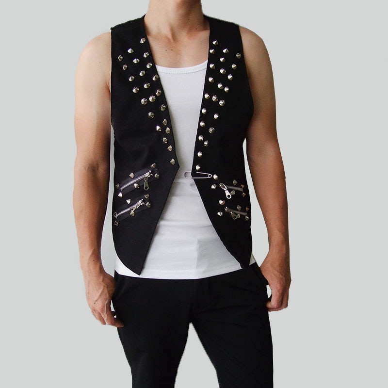 Men's Punk Vest Slim Nightclub Rock Stud Spike Zipper Dj Waistcoat Rivet Lapel Collar Sleeveless Slim Fit