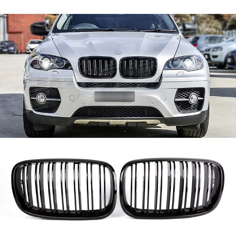 X5 x6 grill, forreste nyre dobbeltlinjegitter til 2007- bmw  x5 e70 x6 e71 ( abs blank sort grill , 2- stk sæt)