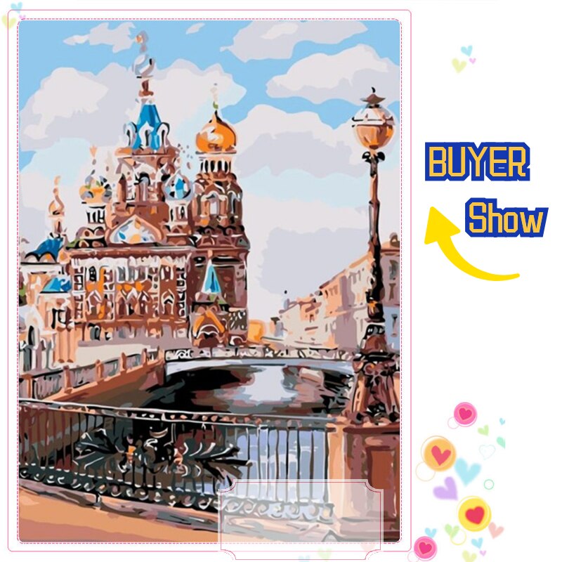 Pintura de HUACAN por números, paisajes de ciudad, Kits pintados a mano, pintura al óleo DIY sobre lienzo con dibujo de números, paisaje, decoración del hogar,