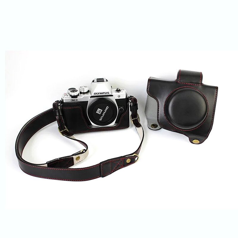Housse de luxe en cuir pour Olympus OM-D OMD EM10 II EM10 Mark II (objectif 14-42mm) avec sac d'appareil photo à ouverture de batterie