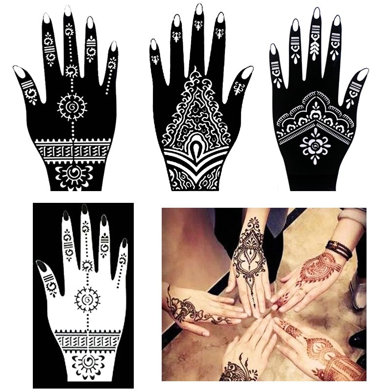 3 stk/parti hænder fødder henna tatovering stencils sæt til kropsmaling, glitter airbrush blomst mehndi tatovering stencil skabeloner 20*10.5 cm: Default Title