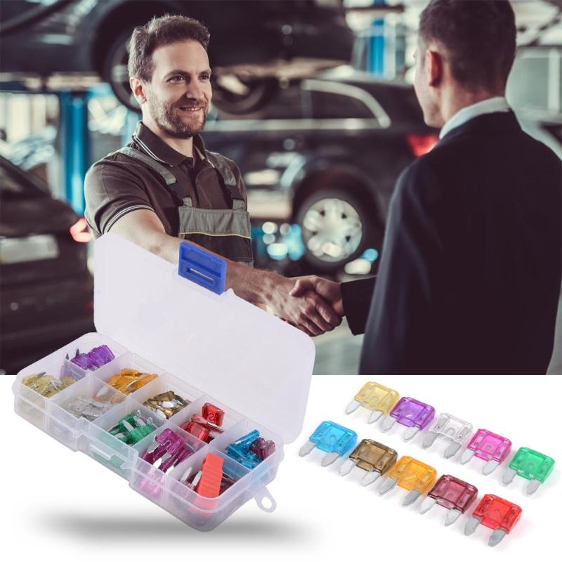 100 stk assortert mini bilsikringer 3a 5a 7.5a 10a 15a 20a 25a 30a 35a 40a amp med boks+klips auto blad type sikringssett
