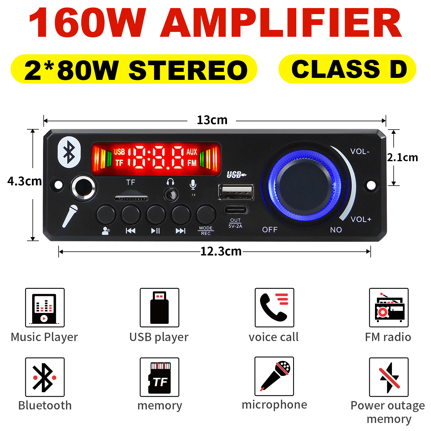 Wzmacniacz 160W / 6W Bluetooth 5.0 DIY Dekoder MP3 Odtwarzacz audio 12V Odtwarzacz MP3 Samochodowy moduł radia FM TF USB Mikrofon Nagrywanie rozmów