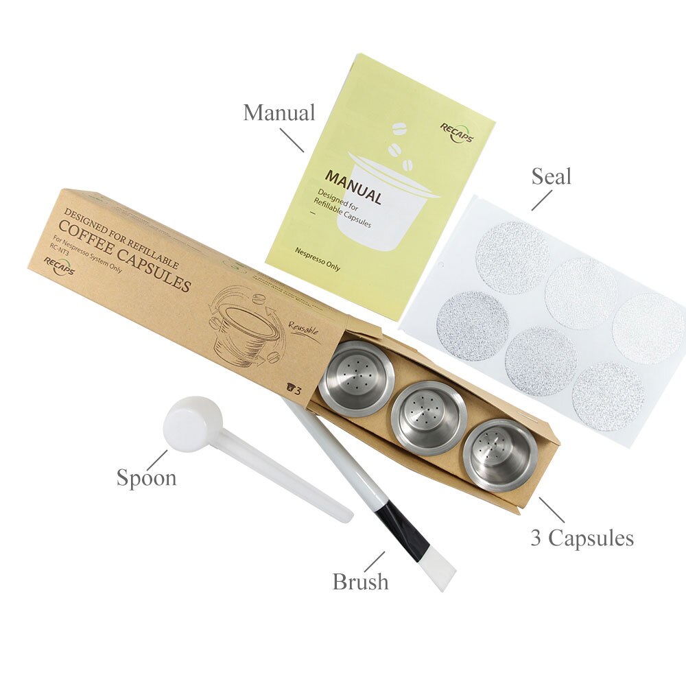 Stainless steel Refillable Capsule Pod or Tamper or Disposable Empty Coffee Capsule Pod + Aluminum Seals for Nespresso Machines: 3 cups and120 seals