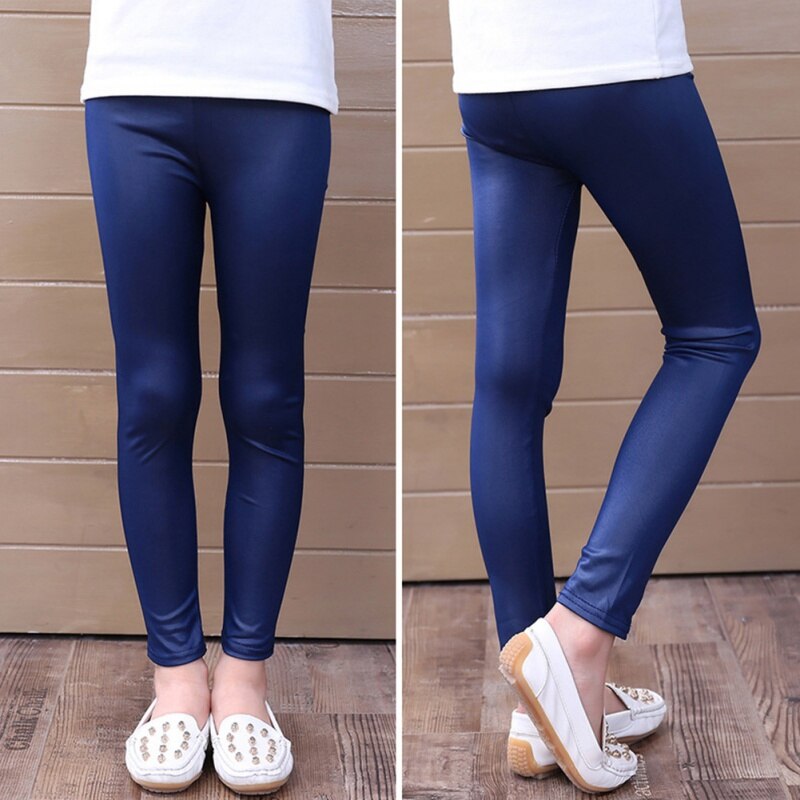 Girls Faux Leather Polyester Spandex Leggings Children Pants Leather Girls Pants 3-12Y S2: Blue / 3T