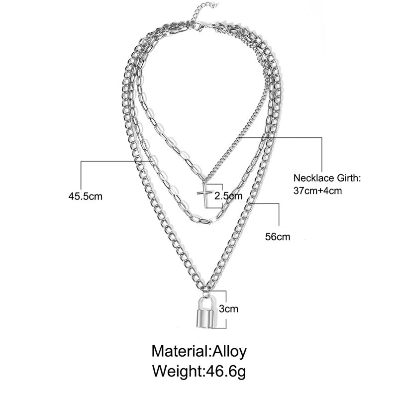Hip Pop Punk Multi Gelaagde Lock Hanger Ketting Voor Vrouwen Mannen Zilveren Kleur Kruis Hanger Charms Ketting Lange Kettingen Sieraden