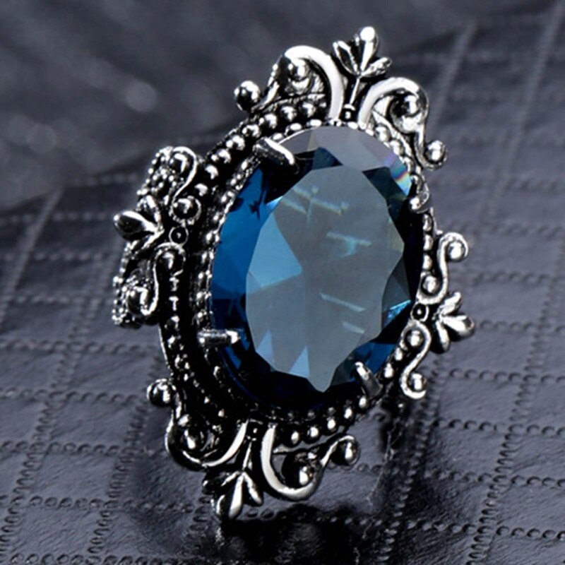 1 Pc Jahrgang Blau Zirkon Schmuck Ringe retro Punk Stil Feine Gans Ei Schmuck Blume Carving Blau Großen Oval Geschnitten peridot