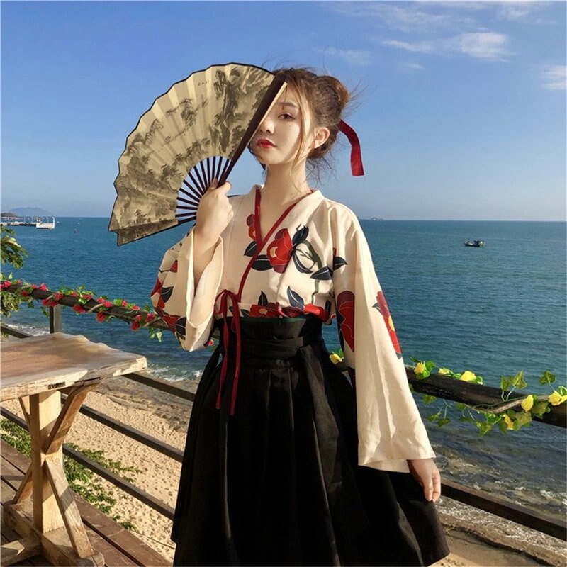 Japanese Style Woman Kimono Summer Floral Haori Girls 2pcs Top and Skirt Outfits Full Sleeve Japanese Dress for Women
