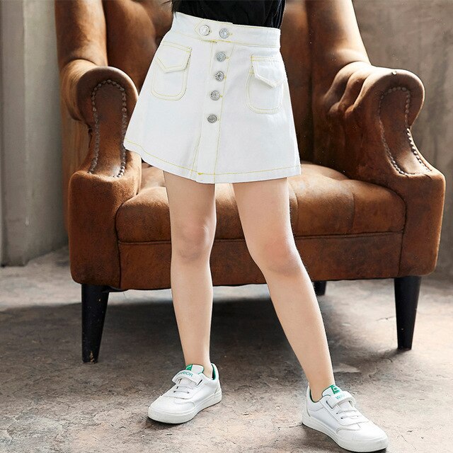 Meisjesrokken zomer tieners kinderen spijkerrok knoop jeans shorts rokken kinderkleding 4 6 8 10 12 14 jaar tienermeisje: Wit / 3t