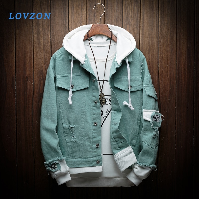 LOVZON Men Hooded Denim Jacket Coats Spring Autumn Men Holes Casual Denim Coats And Jackets Loose Jean Jackets