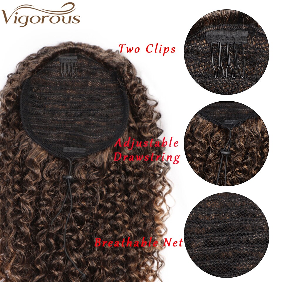 Coleta larga y rizada Afro vigorosa para extensiones de cabello, coleta sintética afroamericana con cordón, Clip