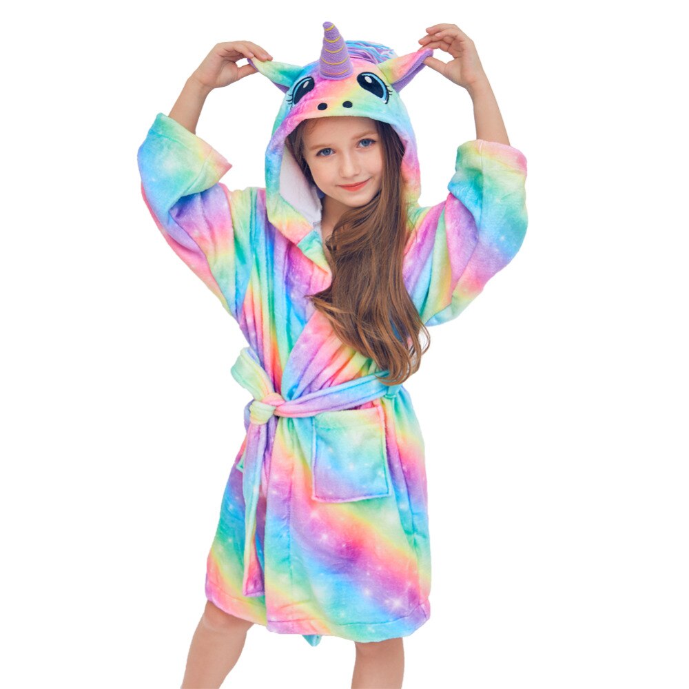 Unicorn regnbåge badrockar för flickor pyjamas långa ärmar huva handduksrep för barn hemkläder varma nattkläder för barn