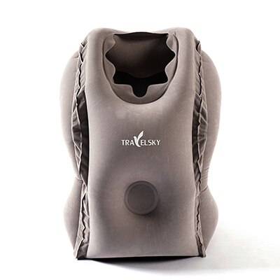 Travelsky Inflatable travel pillow foldable for airplanes train Sleeping flocking PVC soft head neck rest support travel pillows: grey