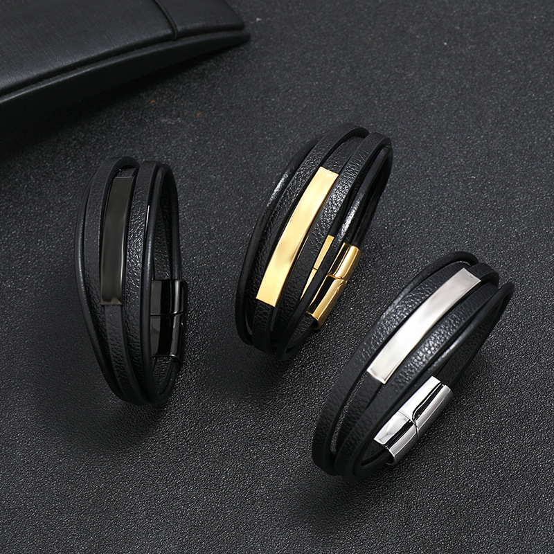 Stijl Multilayer Man Armband Leer Gevlochten Touw Rvs Magnetische Sluiting Hand Armbanden Mode Mannen Sieraden