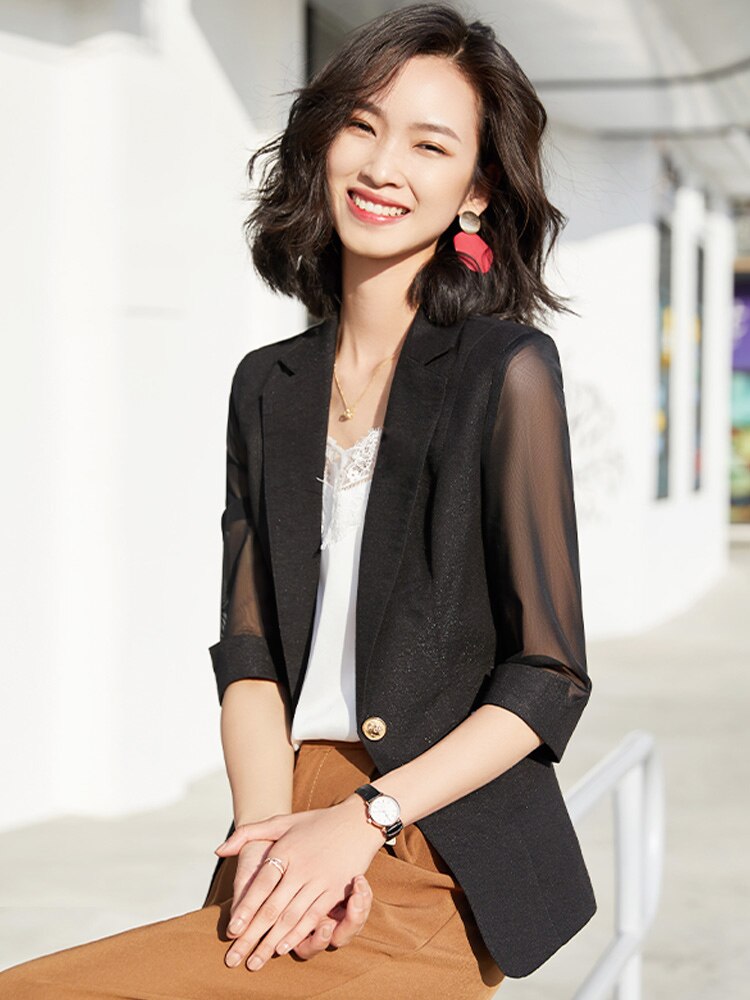 Summer Business Interview Suits Women Work Office Ladies Half Sleeve Casual Blazer And Coat: Black / L