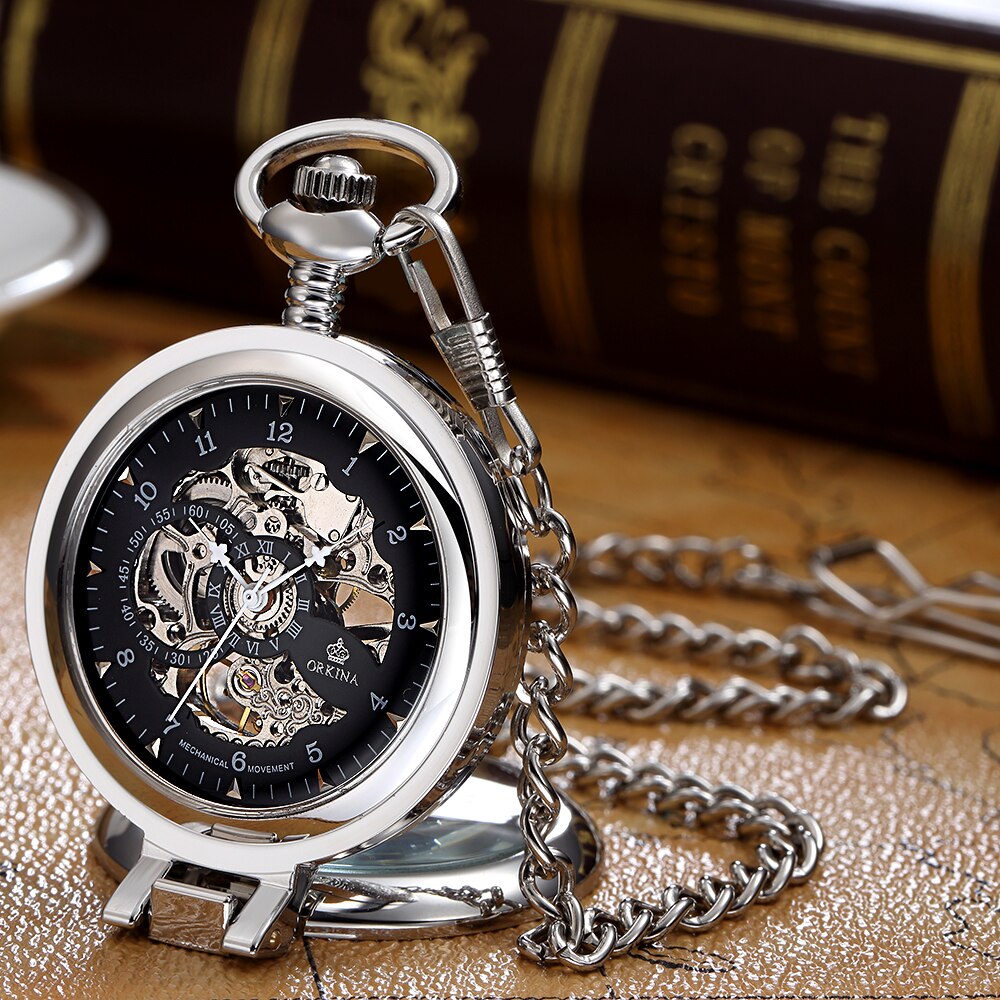 Luxe Zilveren Mechanisch Zakhorloge Vintage Holle Mannelijke Klok Hand Wind Mechanische Ketting Horloge Ketting Mannen Vrouwen