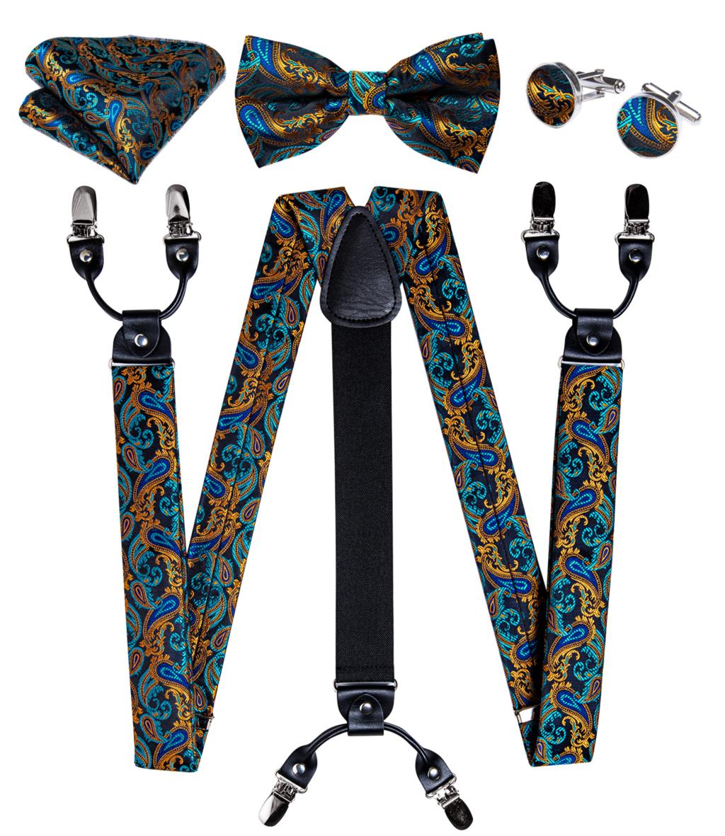 Luxury Yellow Men's Suspenders Silk Elastic 6 Clips Braces Wedding Party Accessories Men Y-back Suspenders Bow Tie Set DiBanGu: BD-4015