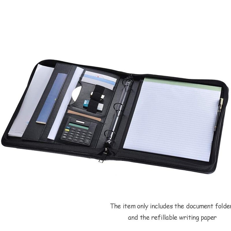 A4 Leather Business Portfolio Padfolio Folder with Business Card U Flash Disk Holder Memo Note Pad Loose-Leaf Loop