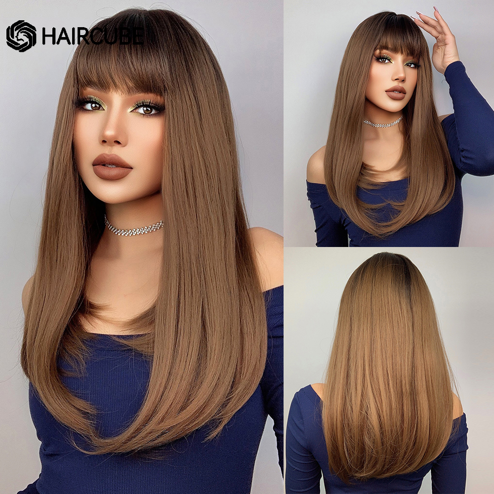 HAIRCUBE Brown Highlight Synthetic Wigs Long Straight Wigs With Bangs for Women Natural Hair Cosplay Heat Resistant Fiber Wigs