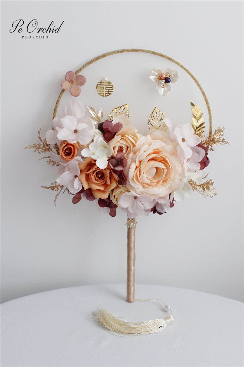 PEORCHID-ramos de novia clásicos de champán, flores artificiales chinas, Vintage Palace, redondos, abanico de mano, broche de ramo de bodas