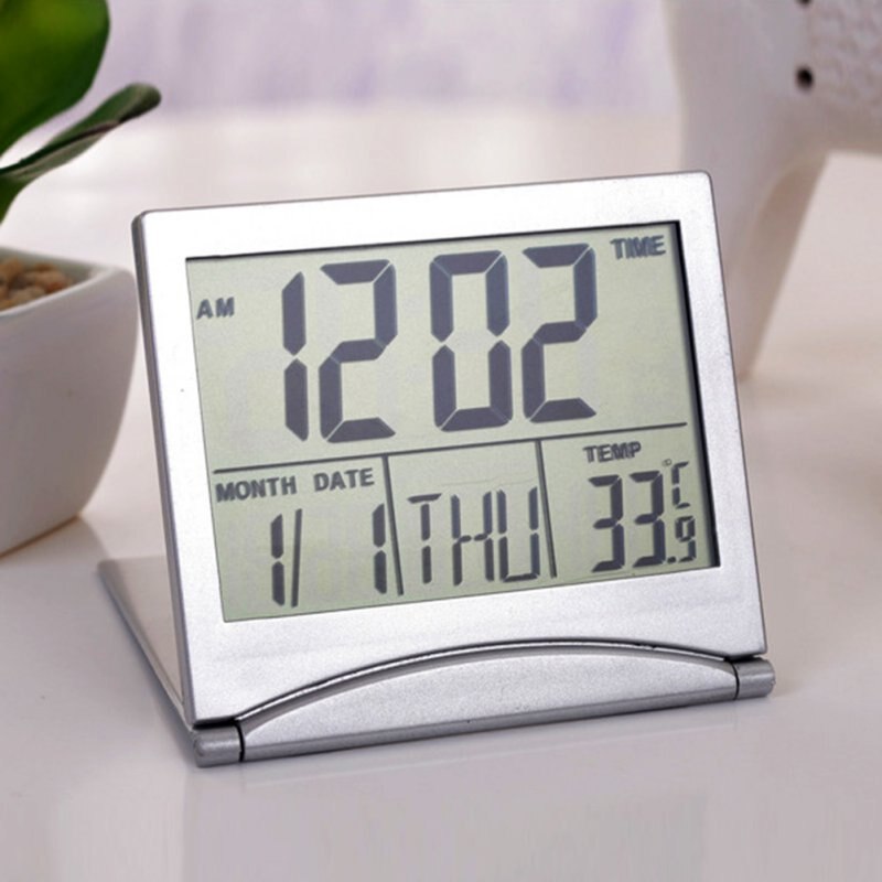 1pcs Alarm Clock Digital LCD Thermometer Timer Calendar Date Snooze Alarm Folding Slim Desk Clock