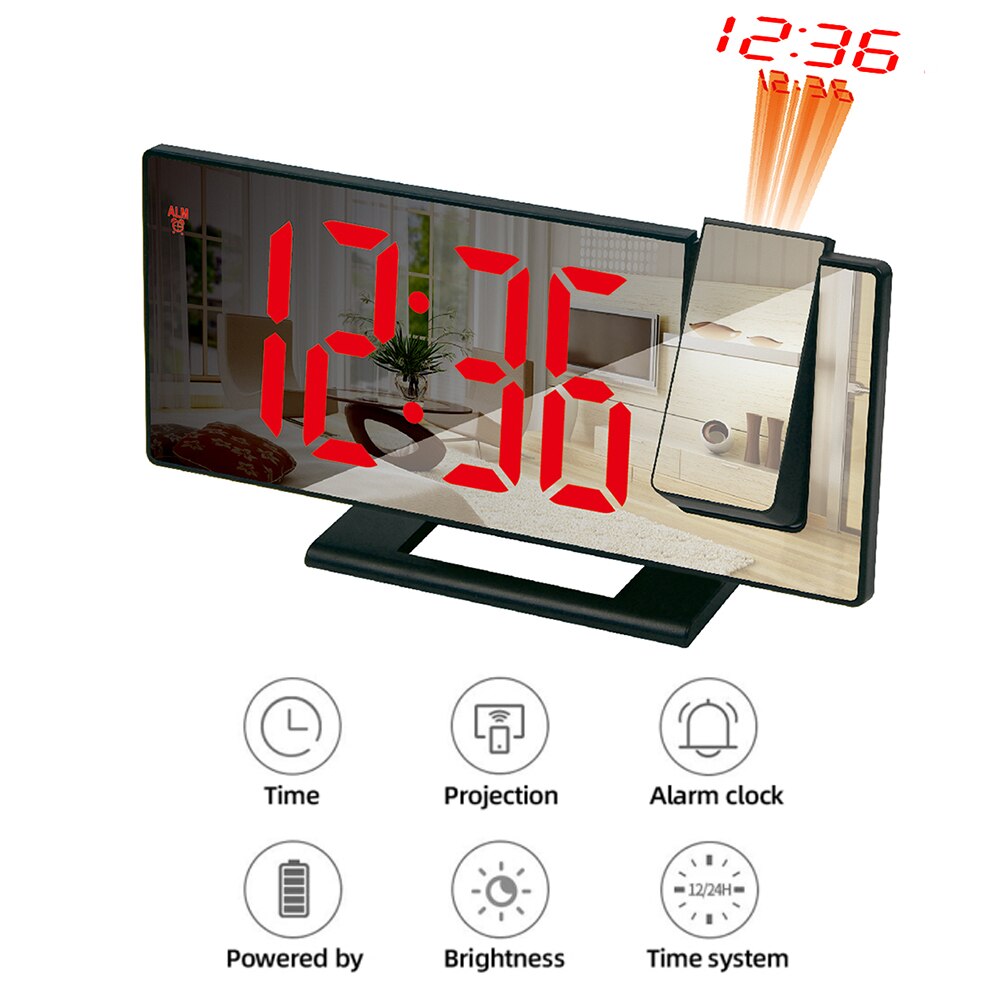 Reloj Despertador Digital con Proyección LED, Dispositivo Electrónico para Mesilla de Noche del Dormitorio con Radio FM y Proyector de Tiempo: Red on Black C