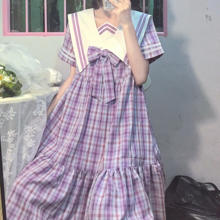 Japanese Navy Collar Sweet Navy Style School Uniform Cute Jk Plaid Dress Kawaii Girl Summer Casual Dress