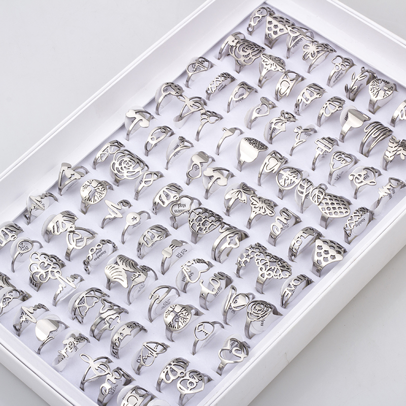 100 Pieces Stainless Steel Engraved Rings for Men and Women Charm Jewelry Hollow Flower Finger Rings Lots: 20 / Silver
