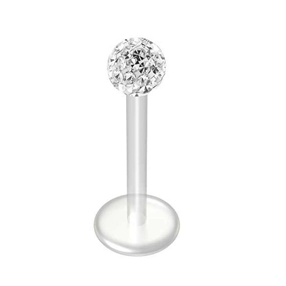 WKOUD 16G Crystal CZ Clear Bioplast Labret Flexible Lip Stud Clear BioFlex Hypoallergenic Jewelry 6/8/10/12mm