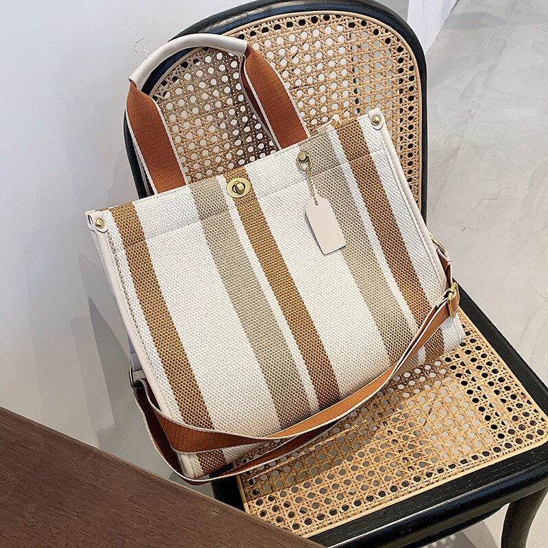 Mode Gestreepte Canvas Vrouwen Schoudertas Grote Capaciteit Shopper Tassen Voor Vrouwen Casual Brede Band Handtas Vrouwen Tas Pendelen tote: Beige / small
