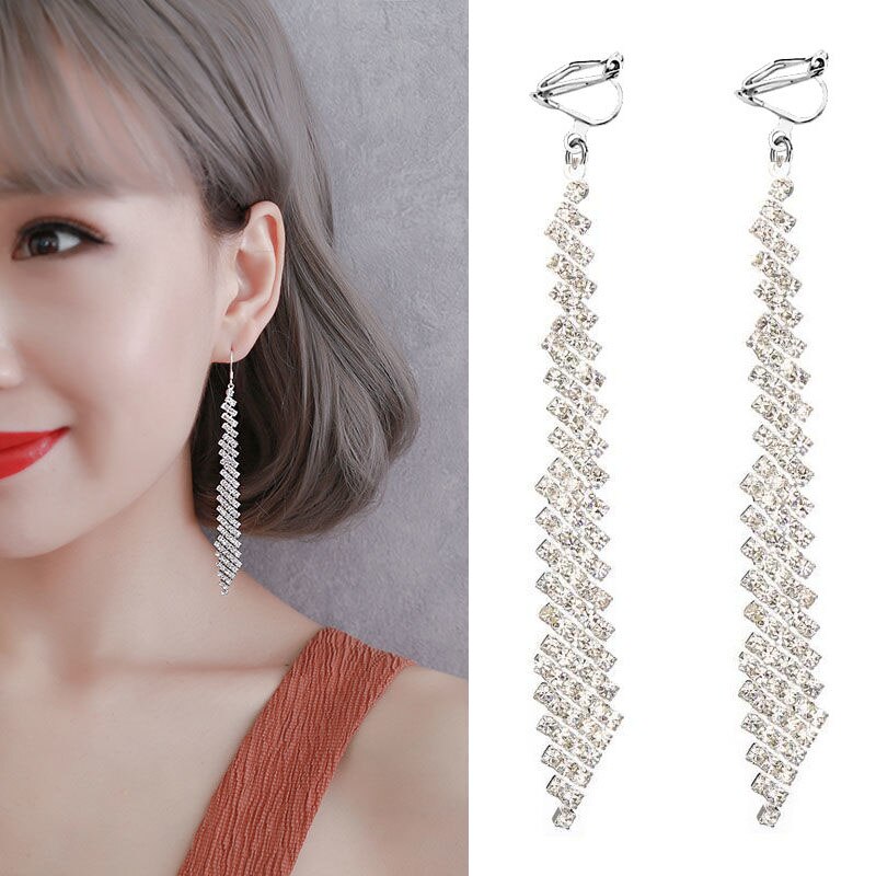 GRACE JUN Full Rhinestone Long Dangle Clip on Earrings Women&#39;s Party Wedding Boho Earrings Jewelry Ear Clip