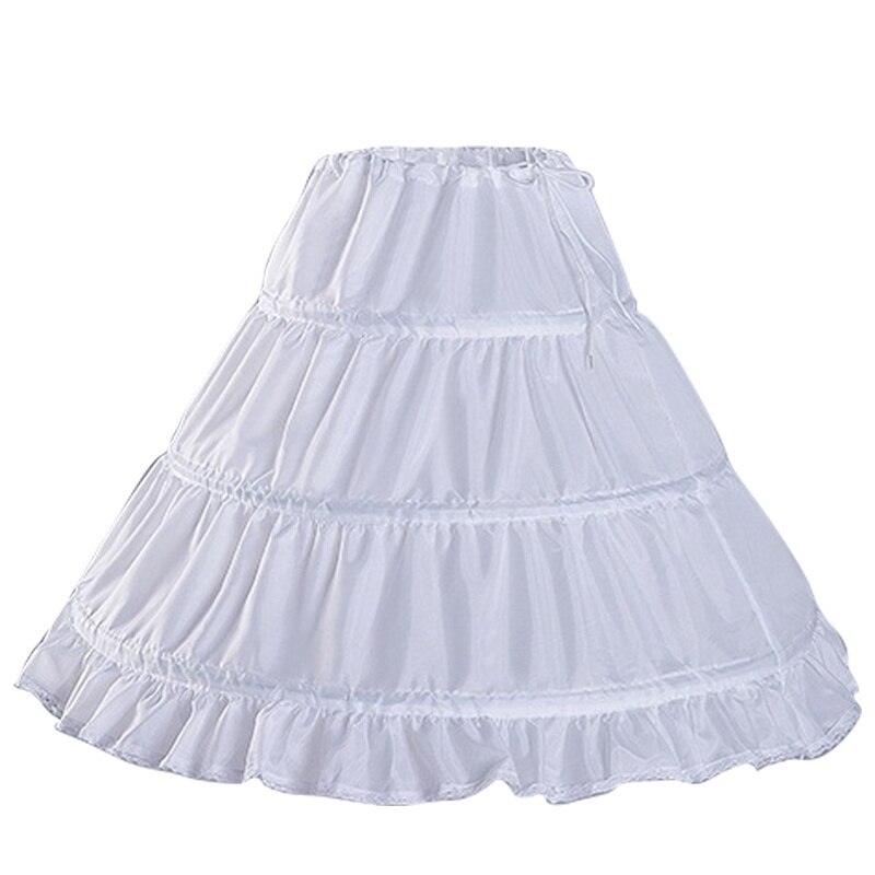 Børn piger hvid lang underkjole 3 bøjler et lag a-line crinoline blonde trim blomsterpigekjole underskørt underkjole
