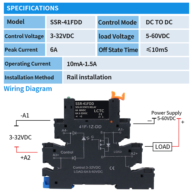 Lctc 10 stk. tyndt relæ ssr berøringsfri din-skinne terminal solid state relæmodul dc til ac dc til dc led 6a ssr -41 fda ssr -41 fdd