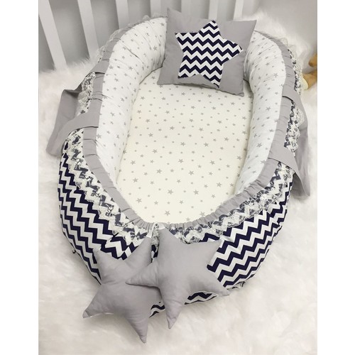 Modastra Baby Nest Navy Blue Chevron and Gray Star Kombin Lux Baby Nest