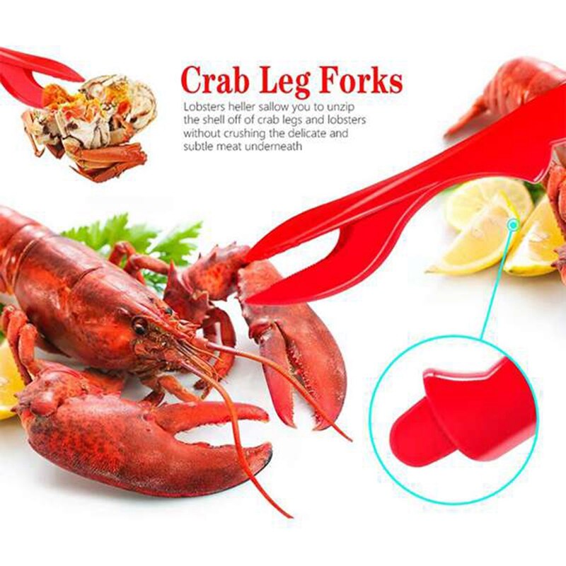 the 7-Piece Seafood Tool Set Includes 2 Crab Crackers, 2 Lobster Shells, 2 Crab Forks/Pickles and 1 Seafood Scissors