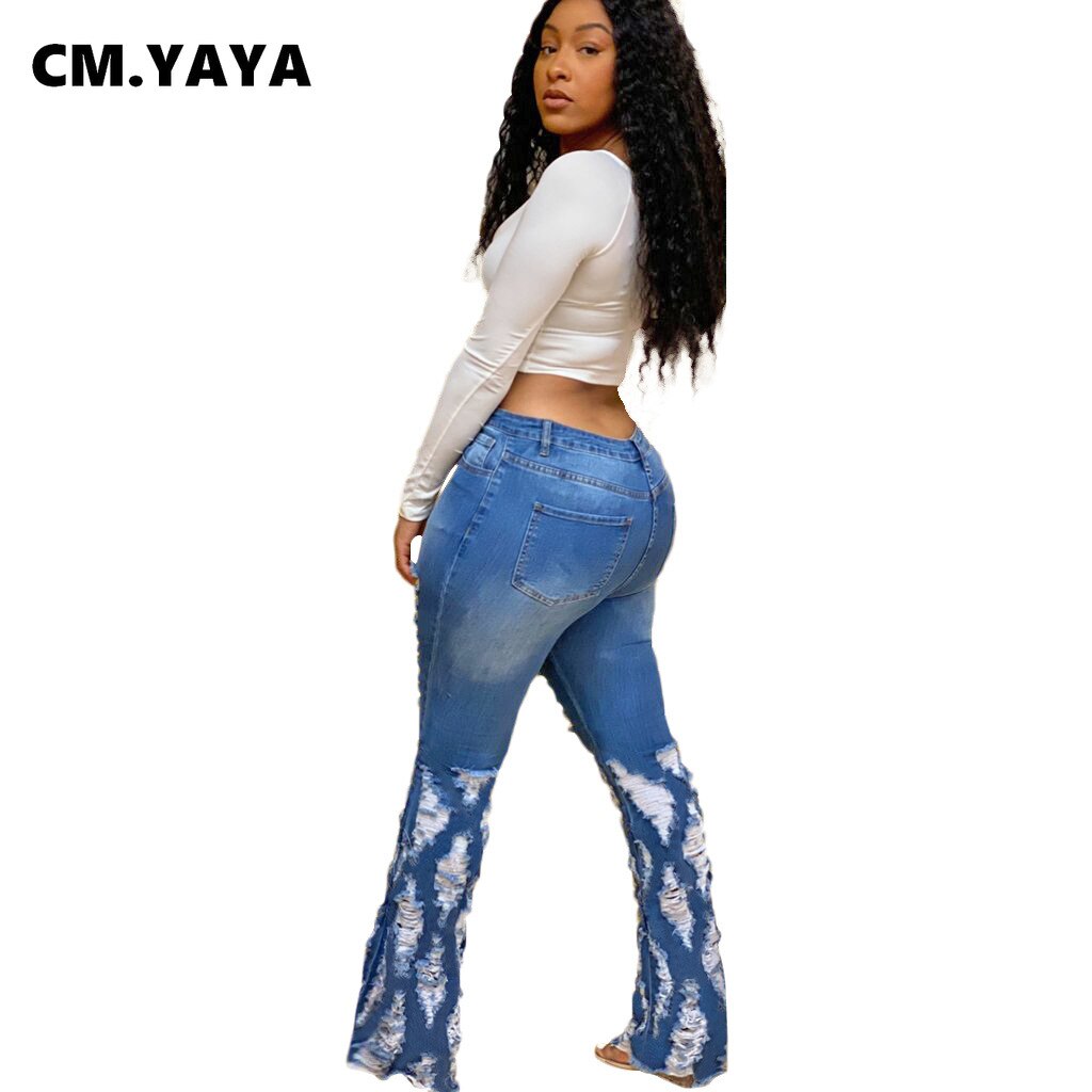 CM.YAYA gland trou large jambe Denim pantalon femmes lavé Flare belllow jean déchiré pantalon rue maigre taille haute dame pantalon